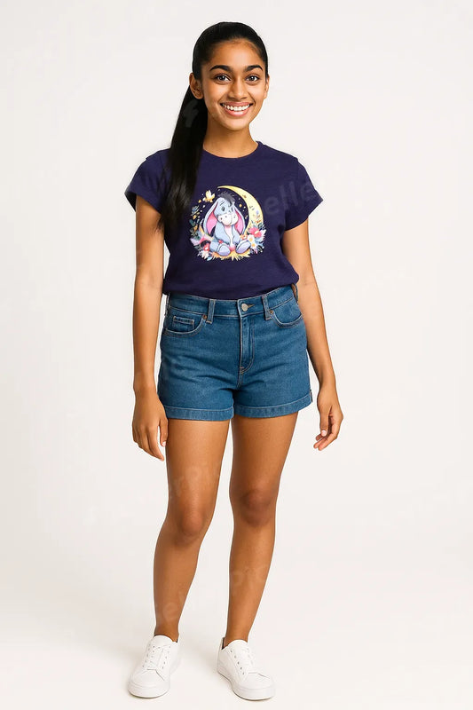 Eeyore T-Shirt – Sitting on Flowers with Moon Cartoon Graphic Tee
