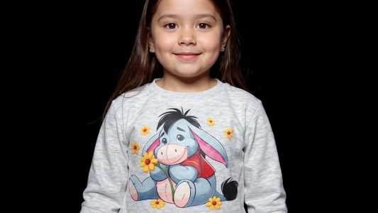 Eeyore Sitting with Yellow Flowers Front Decal Jumper – Size