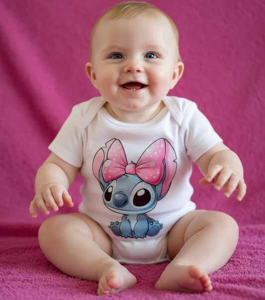 Baby Stitch Girl Onesie – Pink Bow Cute Cartoon Graphic